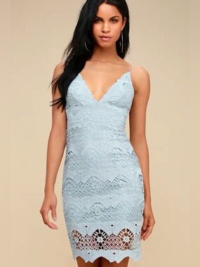 Lulus Light Blue Crochet Lace Mini Dress Size S Spaghetti Strap Scalloped Hem